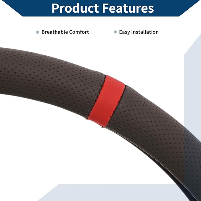 PU Artificial Leather Steering Wheel Cover ABS Car Steering Wheel Protector 14.96" Coffee Color Red 1Pc