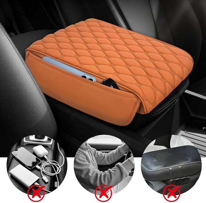 Upgraded Car Center Console Cover, Armrest Cover for Car, Waterproof Leather Auto Armrest Cover Protector with 2 Pocket, Comfortable Arm Rest Box Cushion Pad for Vehicles, Trucks (Yellow)