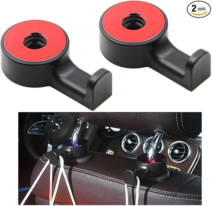 HZEL 2PCS Car Headrest Hidden Hook, 360° Rotation Vehicle Seat Hanger for Purse Backpack Cloth, Auto Interior Head Rest Storage Organizer Accessories, Universal for SUV Sedan Truck (Red)