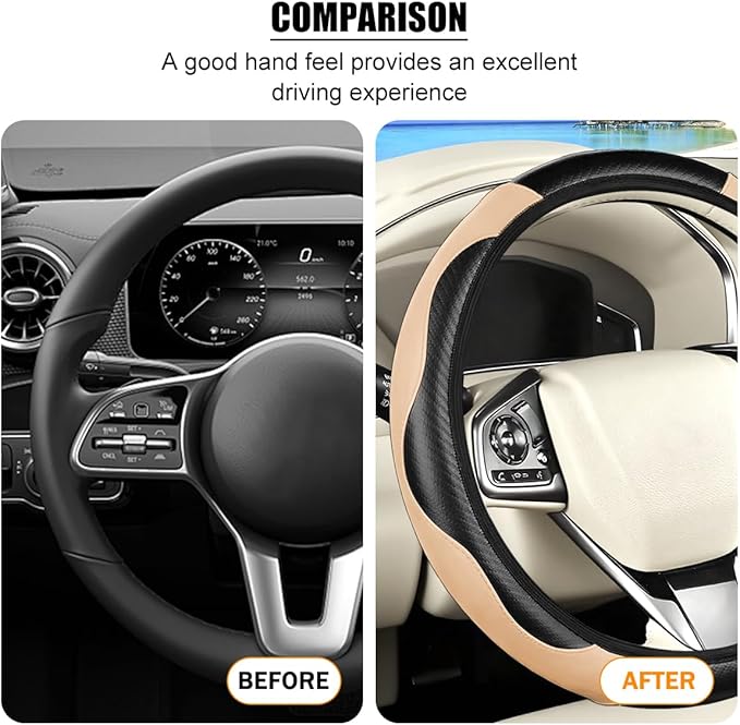 Carbon Fiber Car Steering Wheel Cover, 14.5-15 Inch Elastic Stretch Steering Wheel Guard, Sports Style Non-Slip Automotive Interior Accessories, Universal for Vehicles (Black/Beige)