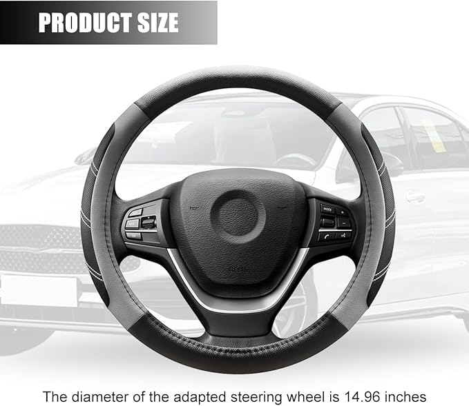 Car Steering Wheel Cover, 15 Inch Carbon Fiber Leather Non-Slip Steering Wheel Protector with Lining, Breathable Automotive Interior Accessories, Universal for SUV RV Truck (Gray)