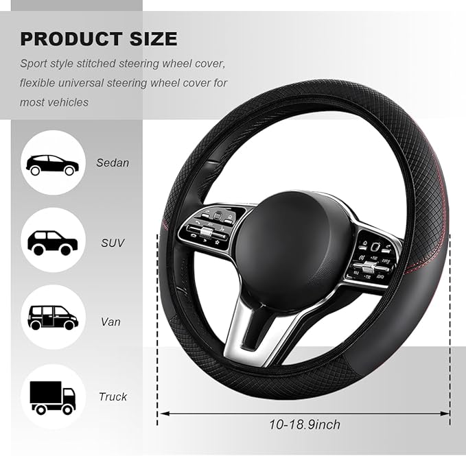 Car Steering Wheel Cover, 15 Inch Carbon Fiber Elastic Vehicle Steering Wheel Protector, Breathable Leather Auto Wheel Covers for Women Men, Interior Car Accessories (Black, AD)