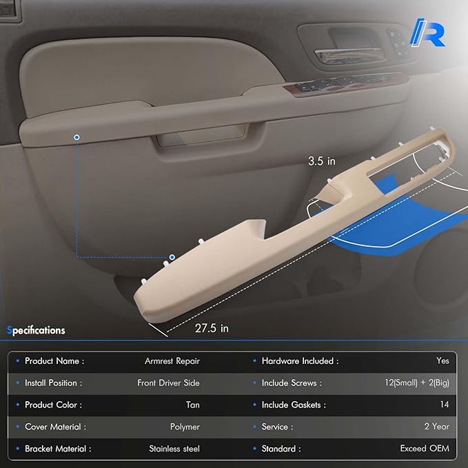 80995 Front Left Driver Side Armrest Repair Kit Fit for Chevy Silverado Suburban Tahoe Avalanche For GMC Sierra Yukon 2010-2014 Door Panel with Release Handle Above Armrest 27In - Tan - GM# 84127282