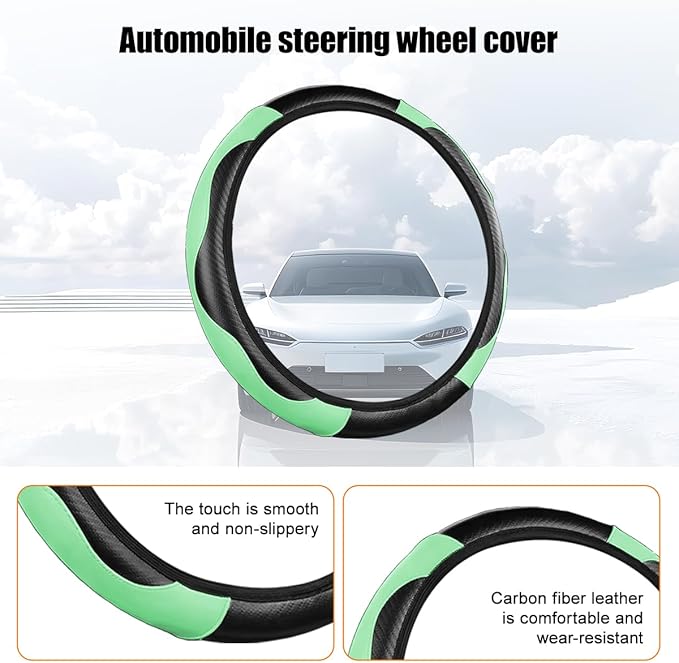 Carbon Fiber Car Steering Wheel Cover, 14.5-15 Inch Elastic Stretch Steering Wheel Guard, Sports Style Non-Slip Automotive Interior Accessories, Universal for Vehicles (Green)