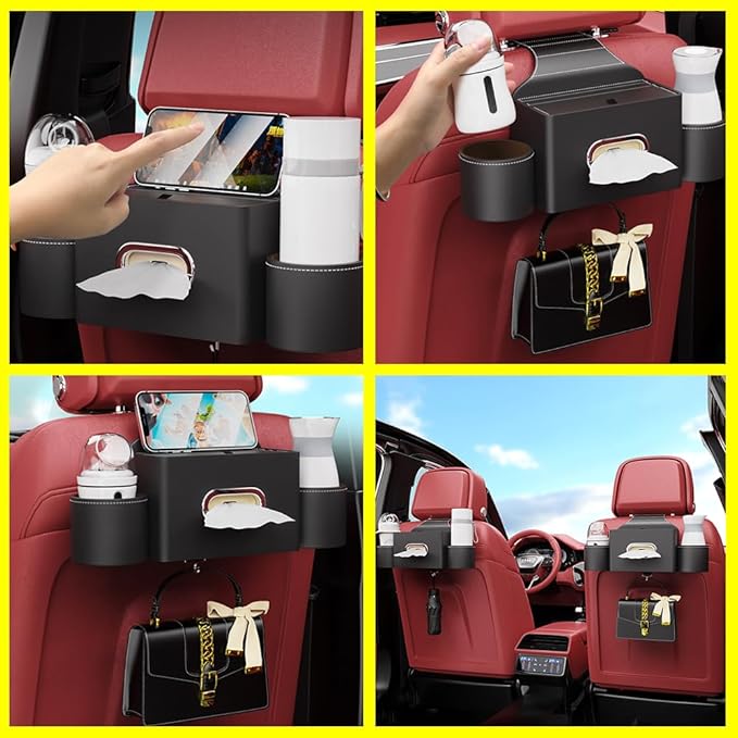 Seat Back Organizer, Full Leather Cover Tissue Case Headrest Storage Box with 2 Cup Holders and Hook Multi-functional Durable Back Seat Storage Tool for Family Travel and Kids Care Brown