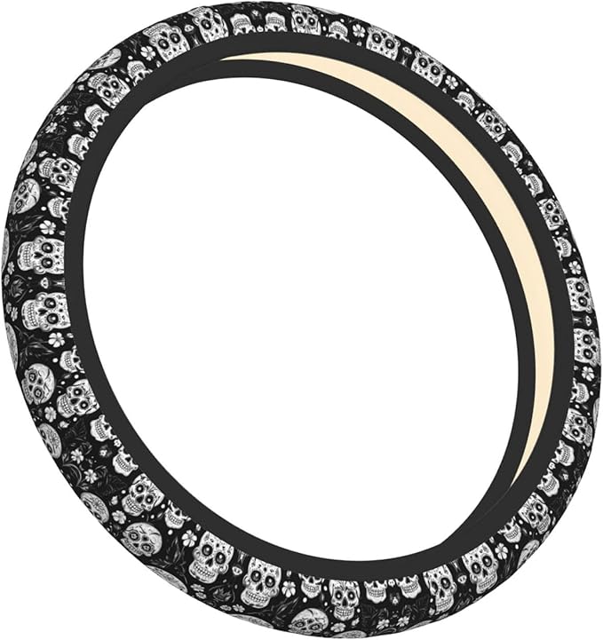 Skull Floral Flower Pattern Car Steering Wheel Cover, 15 Inch Steering Wheel Cover Stylish Decor for Most Cars