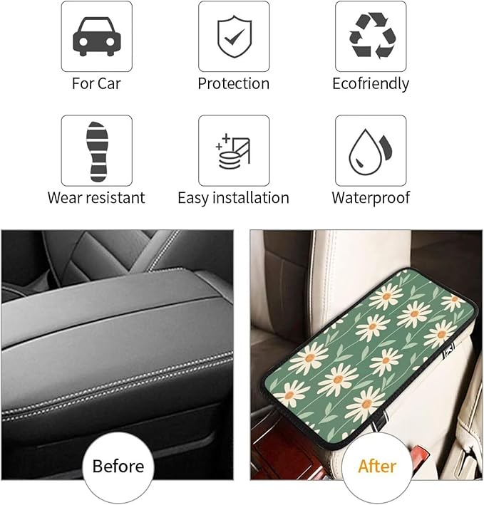 Car Center Console Cover Green Floral Hippie Armrest Seat Console Daisy Sage Green Armrest Lid Cover Arm Rest Covering for SUV Truck Van Sedans Middle Console Cover