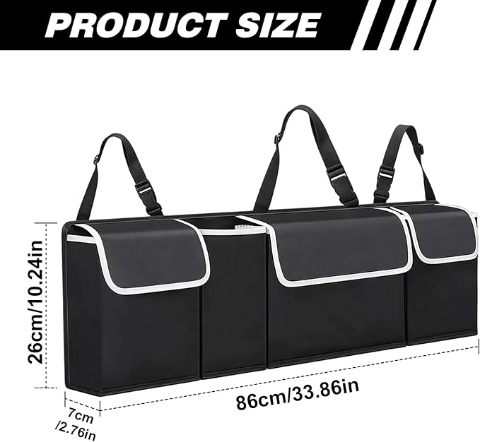 Car Trunk Organizer, Trunk Hanging Large Storage with Adjustable Straps, Waterproof Collapsible Cargo Storage Bag with 4 Pockets, Car Interior Accessories for SUV, Truck