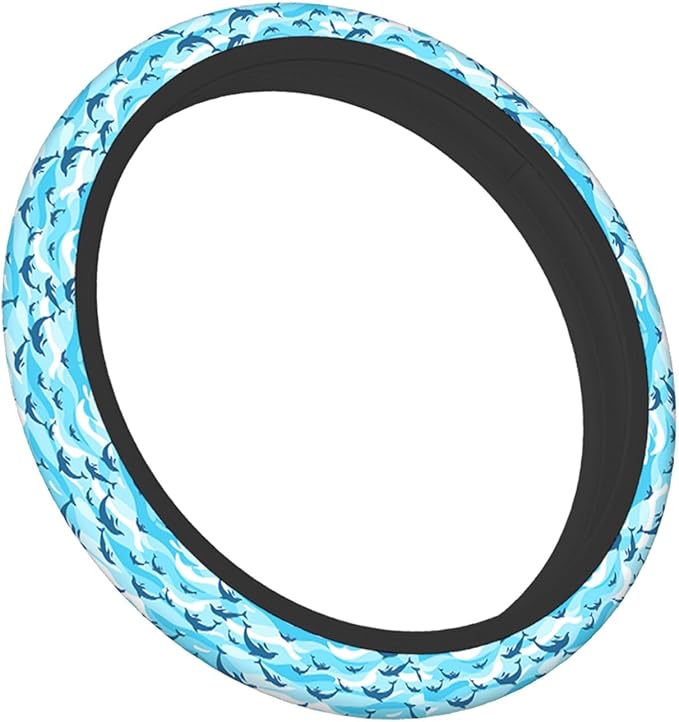 Swono Swimming Dolphin Steering Wheel Cover Cartoon Swimming Dolphin On Sea Wave Blue Background Universal 15 Inch Auto Car Steering Wheel Covers SUV Anti Slip Wheel Wrap Protector for Men Women
