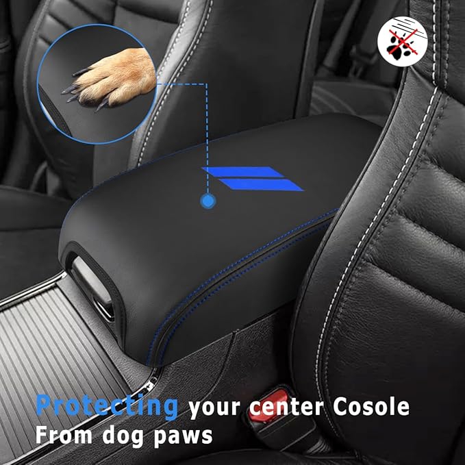 INTGET Car Center Console Cover for 2022 2021 Dodge Charger Accessories 2020 2019 2018 2017 2016 2015 Leather Armrest Cover Console Lid Protector Cushion Pad (Dark Blue Stitches, Leather)