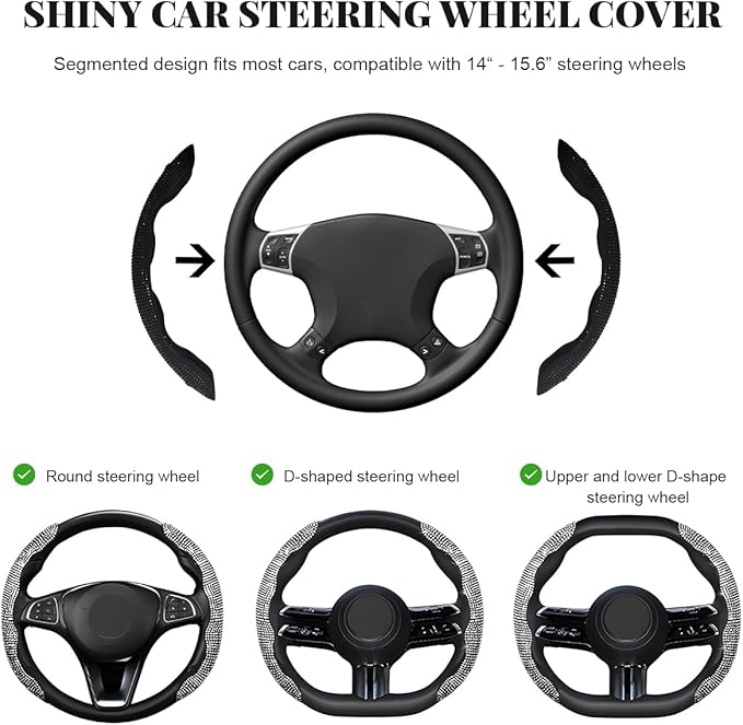 2 PCS Steering Wheel Cover, Segmented Car Wheel Covers with Crystal Rhinestones, Non-Slip Protector Bling Sparkly Decoration for Most Steering Wheels, Car Accessories (Black)