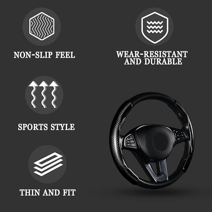Steering Wheel Cover, 2PCS Segmented Steering Wheel Protector, Carbon Fiber Anti-Slip and Durable Car Accessory, Universal Fit for Most Cars，SUVs (Carbon Fiber Black)
