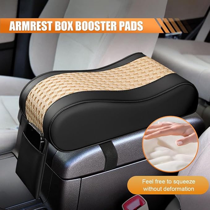 Car Armrest Cushion, Memory Foam Auto Center Console Armrest Pillow Pad with Storage Bag, Breathable Leather Car Middle Console Protective Pad with Phone Holder Relieve Elbow Pressure (Beige)