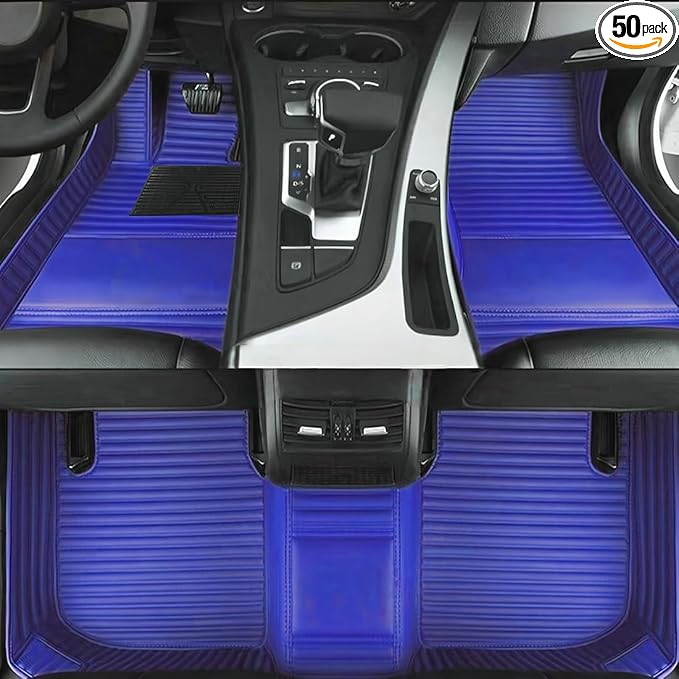 Custom Personalized Floor Mats for Cars，Luxury Full Coverage All Car Floor Mats，Anti-Slip Leather Car Mat Set ，Custom Floor Mats for 99% of Cars, Trucks & SUVs. (Blue Stripe)