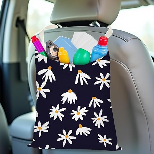 Pykfrhh Car Trash Bag, Car Garbage Bag, Car Trash Bag Hanging, Waterproof Car Back Seat Organizer, Car Trash Can for Car Accessories, Vehicle, Travelling, Camping, Flower Daisy Decor