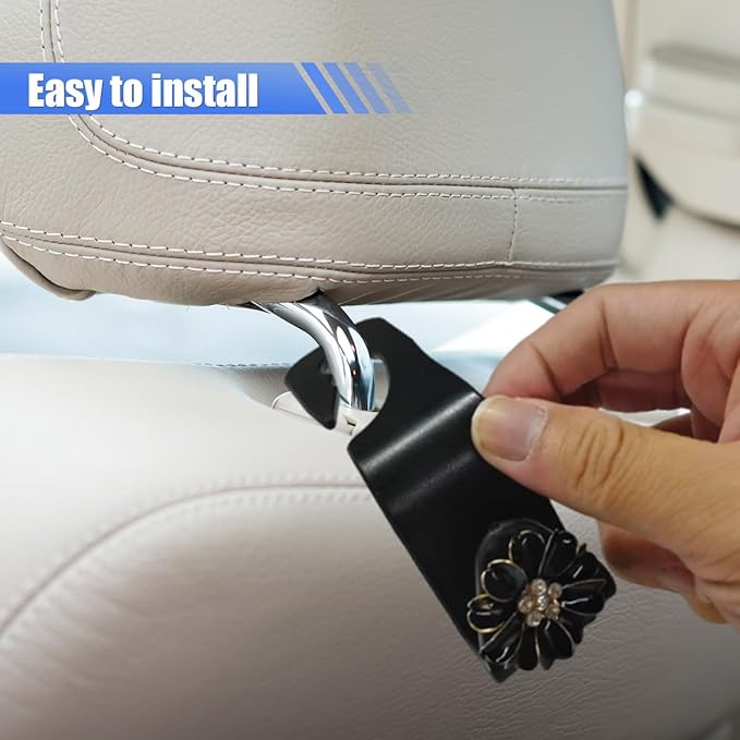 Craedli 2PCS Bling Flower Car Seat Headrest Hook, Cute Rhinestones Car Mini Hook Auto Back Seat Hanger Organizer, Portable Vehicle Interior Bag & Purse Storage Holder for SUV, Sedan, Truck (Black)