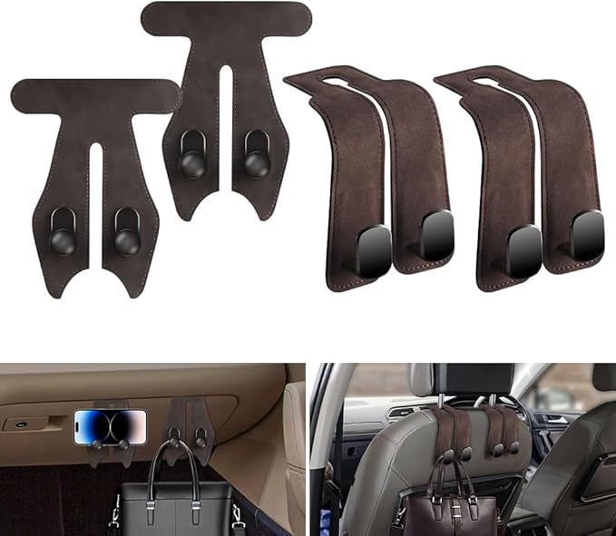 NHHEO Car Hook for Headrest Co-Pilot Glovebox 4 Pcs Universal Vehicle Bag Umbrella Handbag Coat Hooks(Brown)