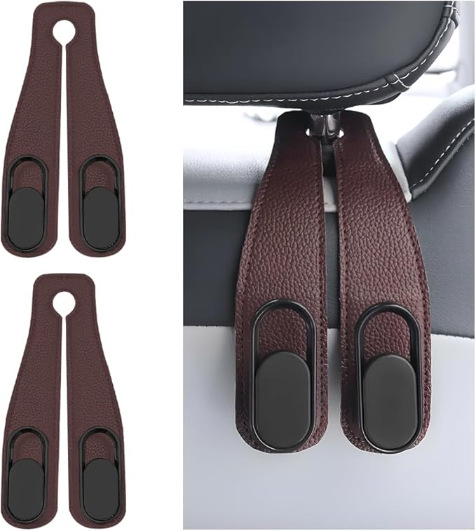 Car Seat Headrest Double Hook, 2PCS Multifunctional Soft Leather Vehicle Purses & Bags Holder, Hidden Design Automotive Interior Storage Hanger, Universal for SUV, Truck, RV (Brown)