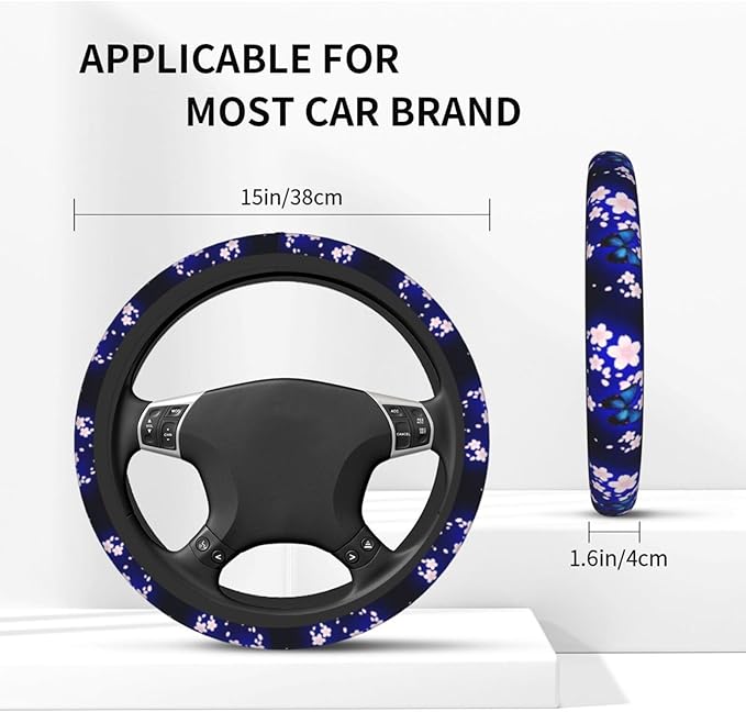 Blue Butterfly Floral Steering Wheel Cover for Women Men Girls Car Accessories Decor Anti-Slip Neoprene Auto Steering Wheel Covers Protector Universal 15 Inch