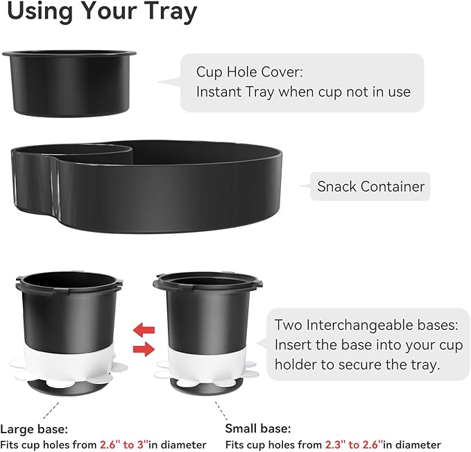 [2 Pack] Car Seat Cup Holder Snack Tray Black, Toddler Travel & Road Trip Essentials Accessory for Mess-Free Snacking in The Car,Travel Tray for Kids Car Seat