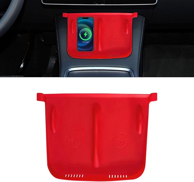 Center Console Wireless Charger Anti-Slip Silicone Mat, Waterproof Phone Pad for Wireless Charging, Car Interior Accessories Universal for Model 3 Model Y 2021-2024 (Regular, Red)