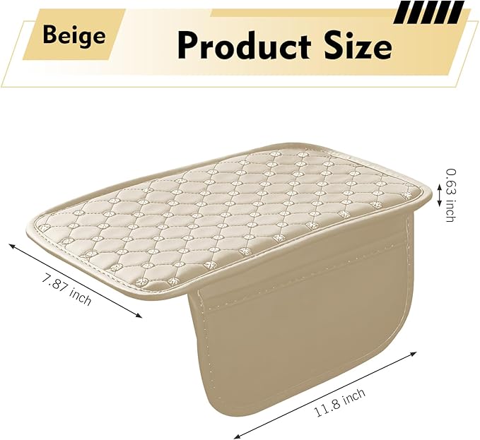 Car Center Console Cover, Leather Waterproof Armrest Cover Protector with 2 Side Storage Bags, 7.87" x 11.8" Comfort Anti-Slip Armrest Seat Box Pad, Universal for Most Cars (Beige)