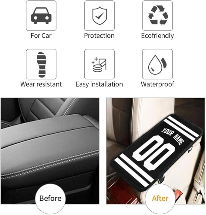 Custom Car Armrest Cover,Add Personalized Name and Number As Gifts for Loyal Football Fans,American Football Auto Center Console Pad Car handrail Box Cushion,Fit for Most Car Seat Box Cover Protector