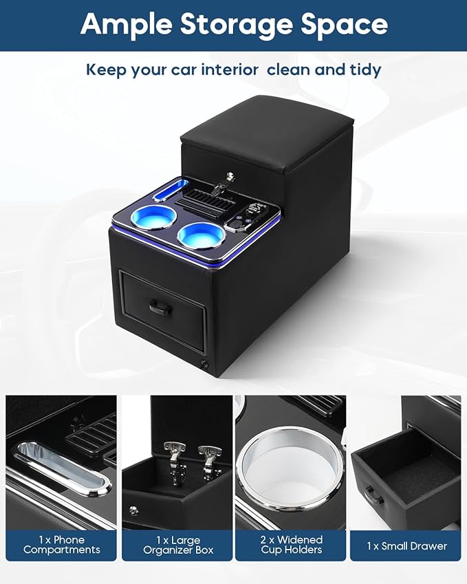 Center Console Between Seat with a Lock, Upgraded Center Console Organizer for Minivans, Truck & Motorhome, with Fast Phone Charging, 7-Color Adjustable LED Lighting and Cup & Phone Holder