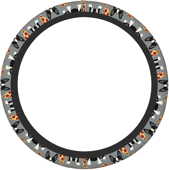 Grey Boston Terrier Pizza Universal Fit Steering Wheel Cover for Car, Truck, and SUV, Durable Steering Wheel Protection