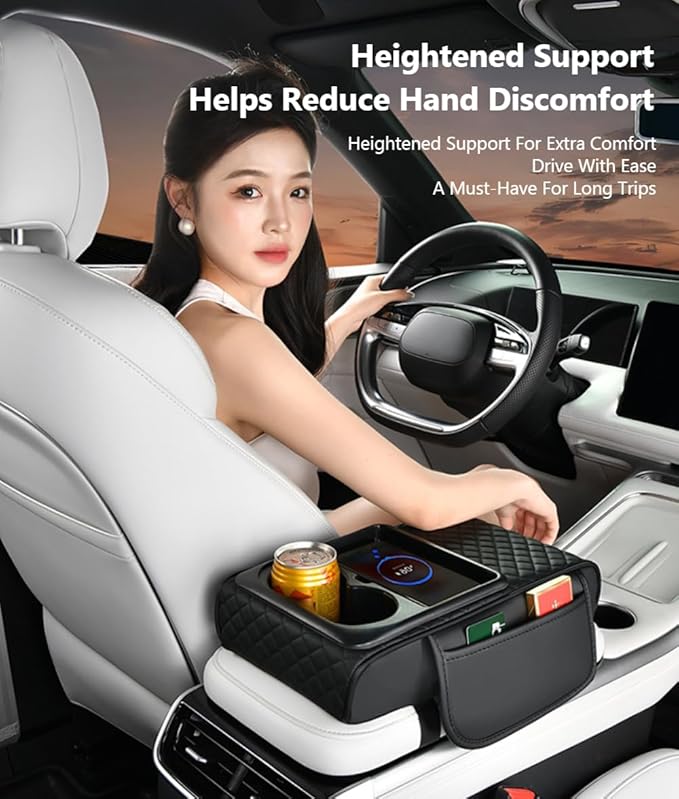Car Armrest Pad with Built-in Induction Charging, Leather Center Console Cushion with 15W Power Pad, Dual Cup Holders, Storage Pockets - Orange