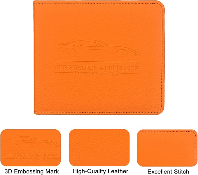 LumiMokki Car Registration and Insurance Holder, Leather Registration and Insurance Card Holder, Vehicle Glove Box Organizer - For Documents, Cards, License (Orange)