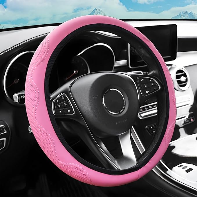 zipelo Elastic Stretch Steering Wheel Cover, Microfiber Breathable Ice Silk, Universal 15 Inch Anti-Slip Car Steering Wheel Protector, Warm in Winter and Cool in Summer for Women (Style2-Pink)