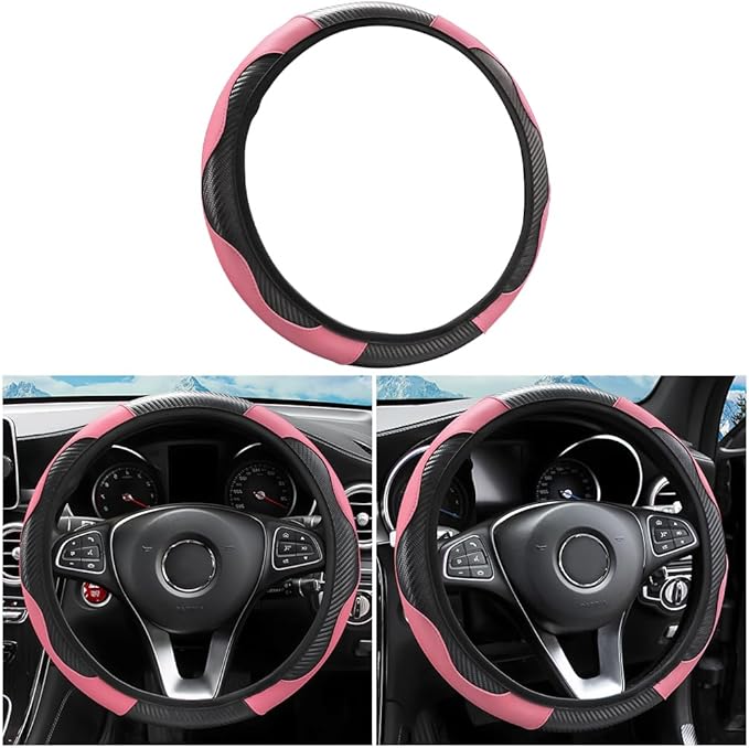 Car Steering Wheel Cover, Universal Microfiber PU Leather Elastic 15 inch Stitching Color Anti-Slip Steering Wheel Protector, Car Interior Accessories for Men Women (Black/Pink)