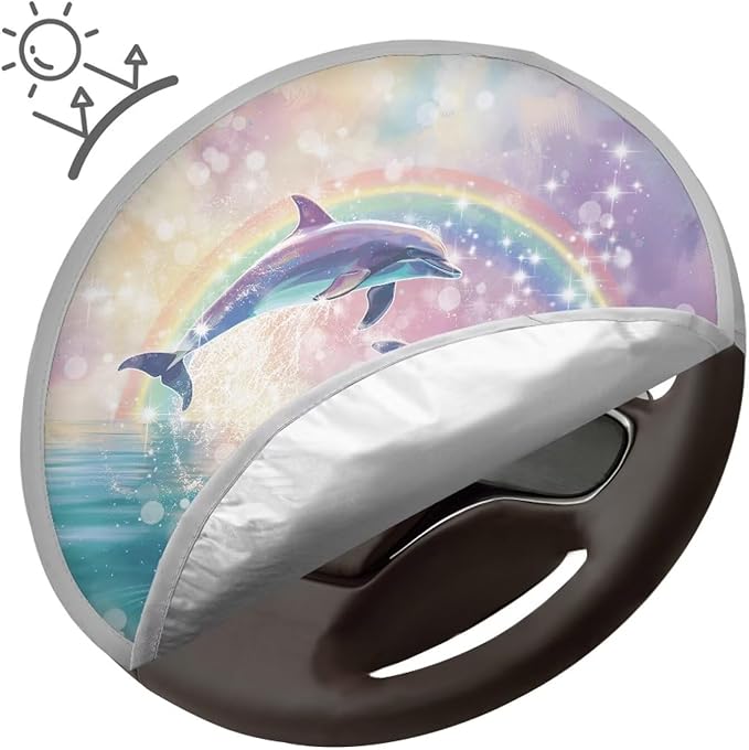 Rainbow Dolphin Sea Pattern Universal Car Steering Wheel Sun Shade Cover Fit Most SUV Truck Van Car Steering Wheel Sun Heat Shield Easy to Install Car Interior Accessories