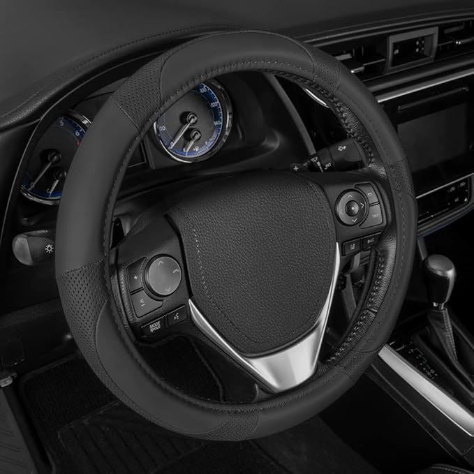 Motor Trend Perforated Microfiber Leather Steering Wheel Cover for Cars Trucks SUVs Vans, Sporty Racing Improved Grip Anti-Fatigue Ergonomic Design, Airbag Compatible - Fits Standard 15" Inch - Black
