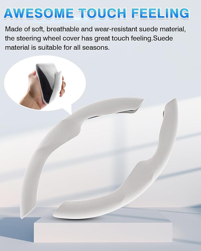Shademax Custom-Fit for Tesla Steering Wheel Cover, Tesla Model Y / 3 2017-2025 (Fit Model Y Juniper 2026/ Model 3 Highland) Suede Steering Wheel Cover Non-Slip Tesla Model Y/3 Accessories (White)