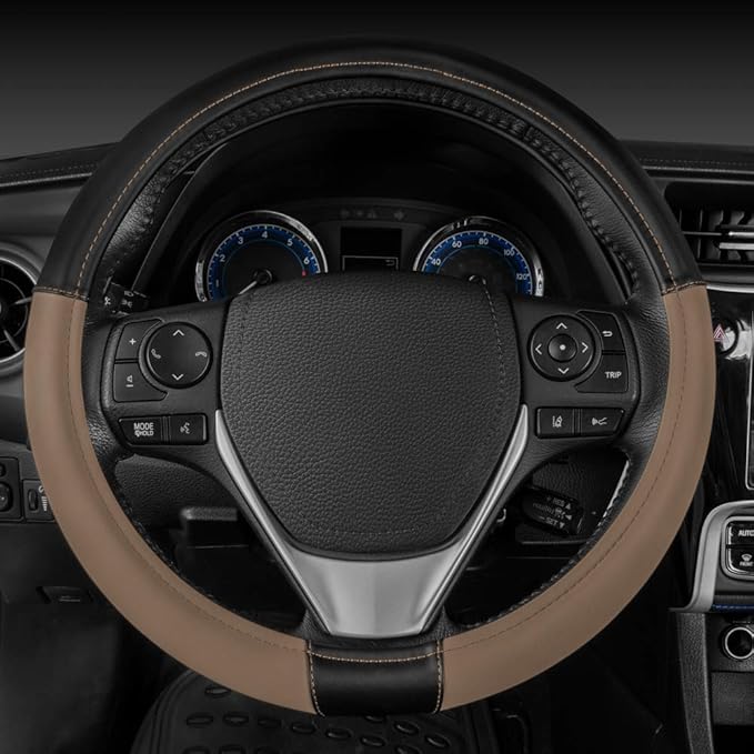 Caterpillar Two Tone Ergonomic Soft Leather Grip Steering Wheel Cover – Strong, Durable and Comfortable Universal Size 14.5-15.5 Inch (Beige/Black) (CASW-2221-BG) (Pack of 2)