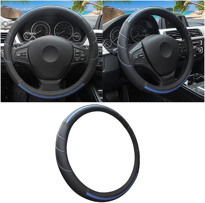Car Steering Wheel Cover, Genuine Leather Non Slip Vehicle Steering Wheel Protector, Breathable & Soft Auto Interior Protection Accessories, Universal for SUV Sedan Truck (Black/Blue)