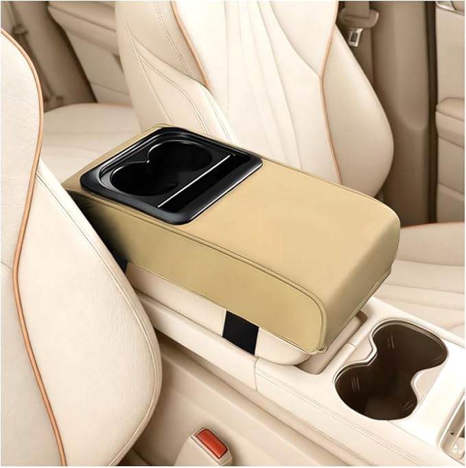 Car Center Console Armrest Pillow, Leather Vehicle Middle Console Protection Cushion with Cup & Phone Holder, Waterproof Automotive Arm Rest Box Cover Accessories, Universal Fit (Beige)