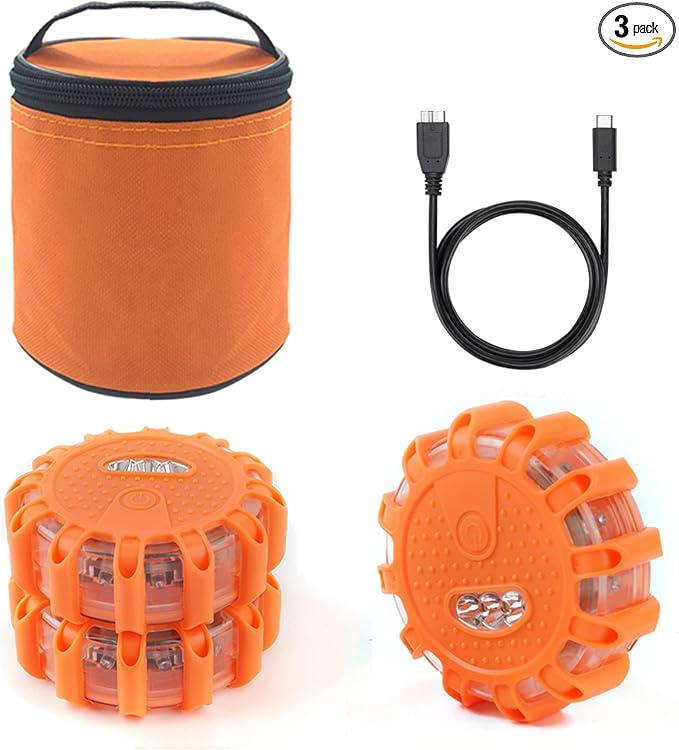 Ecoangel USB Rechargeable LED Road Flares Emergency Lights-Roadside Warning Car Safety Beacon Flashing Disc Flare Kit with Magnetic Base for Vehicles & Boat | 3 Beacon Disc Pack