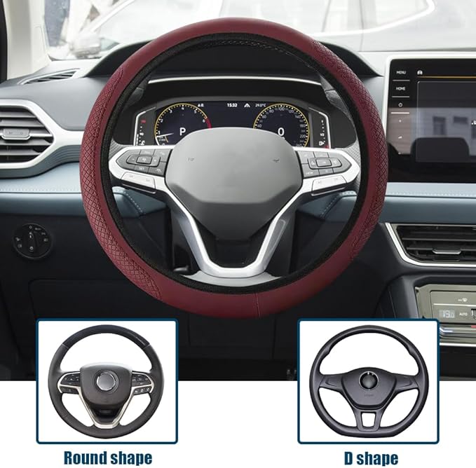 Car Steering Wheel Cover, Universal 14.5-15 Inch Wine Leather Steering Wheel Wrap with Better Sport Grip for Men Women, Anti-Slip Breathable Car Interior Accessories for Most Vehicle (Wine)
