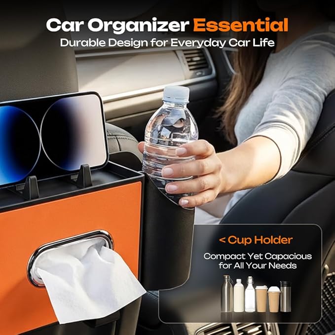 4-in-1 Car Backseat Organizer with Cup Holder, 2026 Upgraded Multifunctional Car Back Seat Organizer with Tissue Box, Trash Bin & Hooks for Hold Phones, Snacks, Drinks, and Handbags (Black)