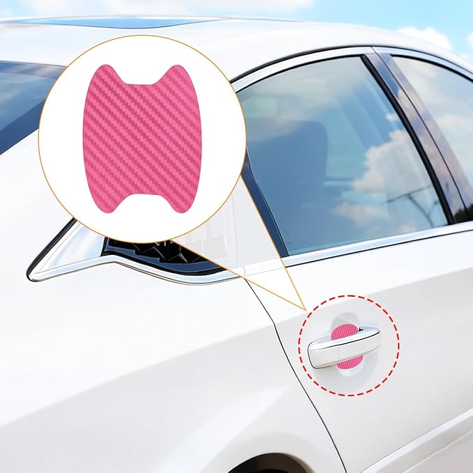 Car Door Handle Cup Scratch Protector, 4PCS 3D Carbon Fiber Vehicle Handle Bowl Sticker, Automotive Exterior Door Cup Protection Decal, Universal for SUV Caravan Automobile (Pink)