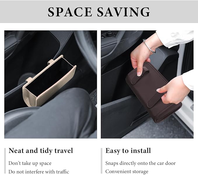 Car Trash Can, Foldable Small Hanging Trash Bin Waterproof Car Door Organizer, Multi-Function Leather Garbage Bag Mini Storage Can for Vehicle Back Seat & Side Door (Beige)