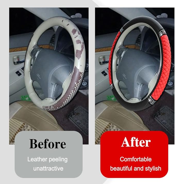 Bling Soft Leather Steering Wheel Cover, Anti-Slip Car Steering Wheel Protector, 15 Inch Rhinestones Soft Leather Elastic Steering Wheel Protector for Women Girls, Car Accessories for Most Cars