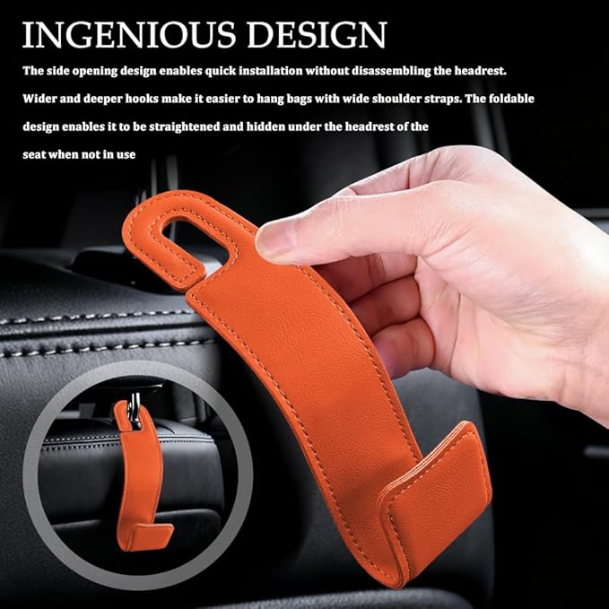 1PCS Purse Holder for Car, Purse Hook for Car, Leather Headrest Hooks for Automotive Back Seat, Auto Accessories Back Seat Organizer Hook for Grocery Bag Handbag Coat (Orange, 1PCS)