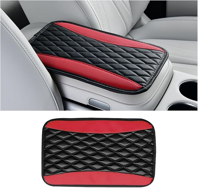 Car Center Console Cover, PU Leather Waterproof Vehicle Armrest Seat Box Protector, Automotive Interior Arm Rest Cushion Protection Accessories, Universal for SUV Sedan Truck (Black/Red)