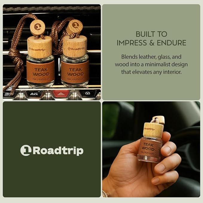 1Roadtrip Car Air Diffuser - Long Lasting Essential Oil Diffuser - Pack of 2 Non-Toxic Hanging Car Air Freshener - Accessories for Men & Women - Odor Eliminator - Teak Wood Scent 0.27FL OZ/8ML