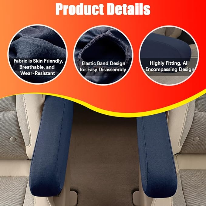 Smeyta 2PC Car Front Seat Armrest Covers,Universal Size Seat Arm Rest Cover,Flat Cloth Fabric Armrest Cover,Car Interior Accessories(Navy Blue,1Pair)