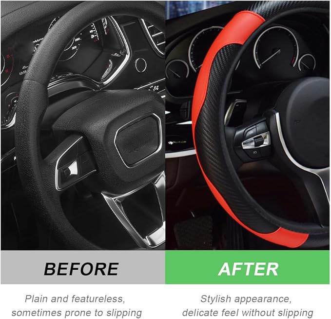 Car Steering Wheel Cover, 15 Inch Carbon Fiber Leather Stitching Color Steering Wheel Protector, Anti-Slip Elastic Breathable Steering Wheel Cover Stylish Decor for Most Cars (Black&Red)